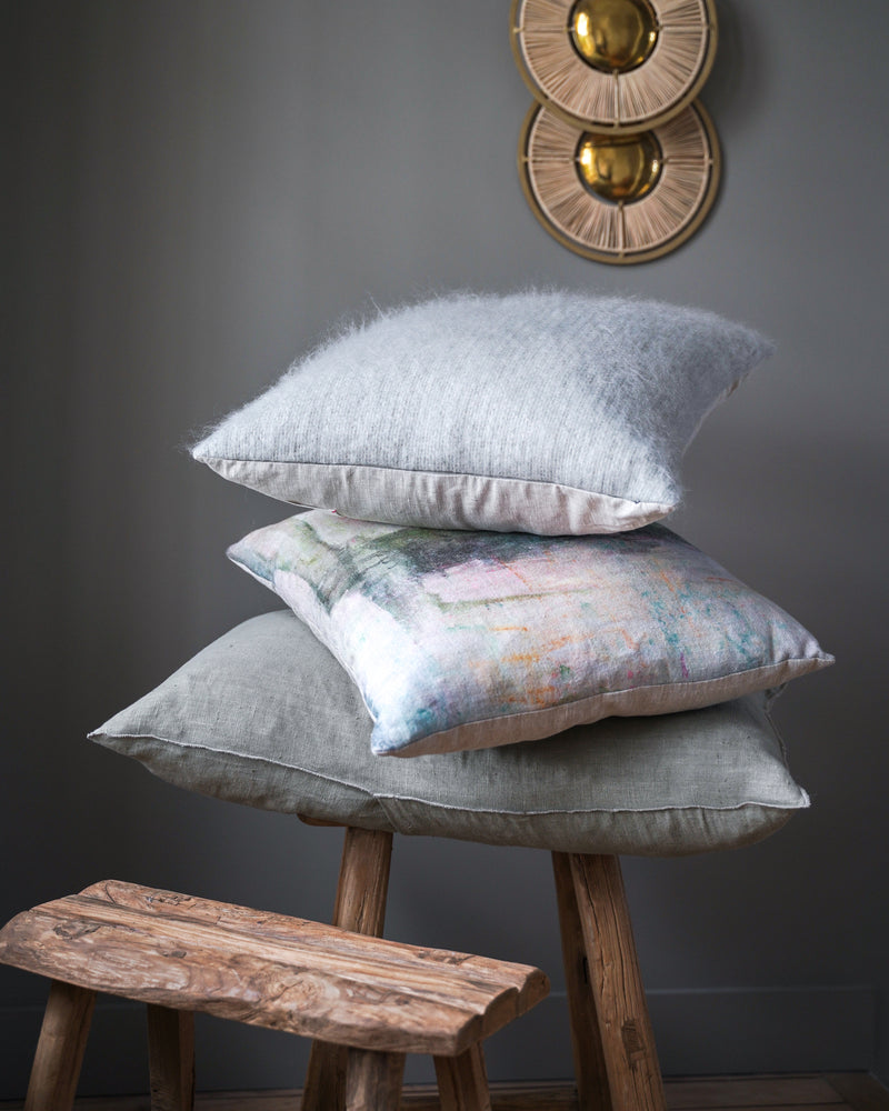 blue wool cushion and printed linen cushion