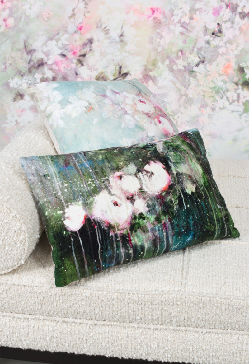 velvet cushion and romantic printed linen cushion 