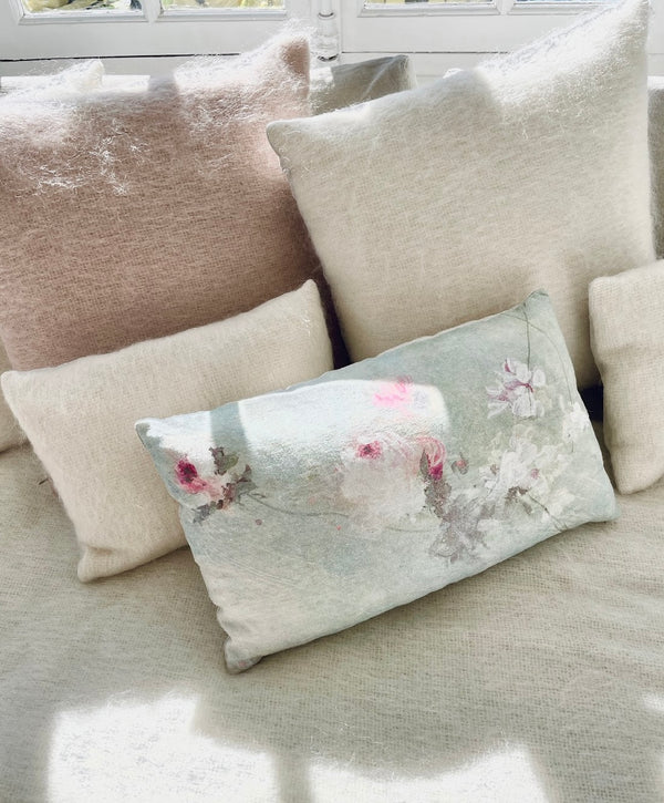 romantic printed linen cushion turquoise