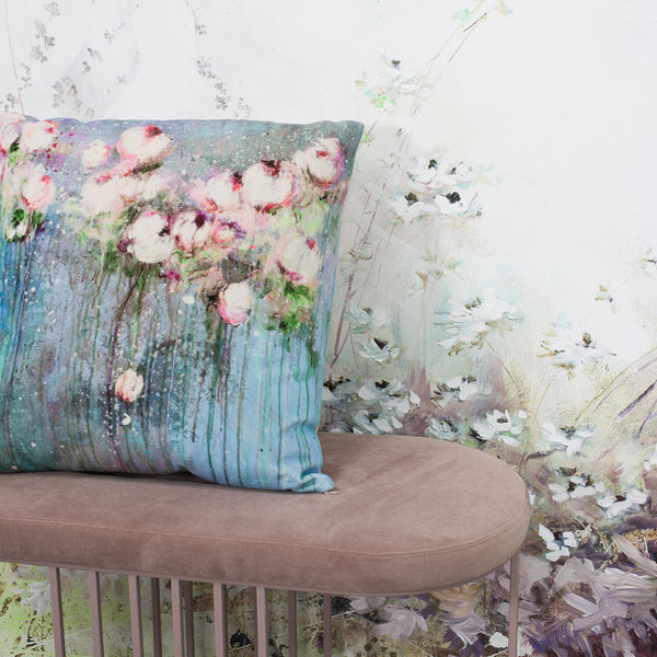 velvet cushion with romantic flower print 50x50 cm