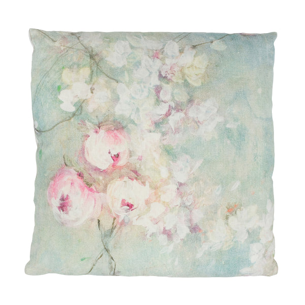 Large Turquoise cushion 100% Linen with flower print size 50 x 50 cm