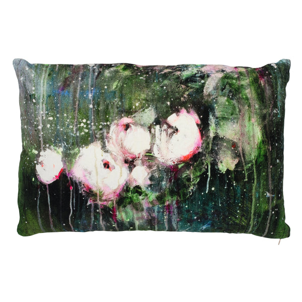 Small Deep Green cushion printed with cotton velvet flowers size 30 x 50 cm