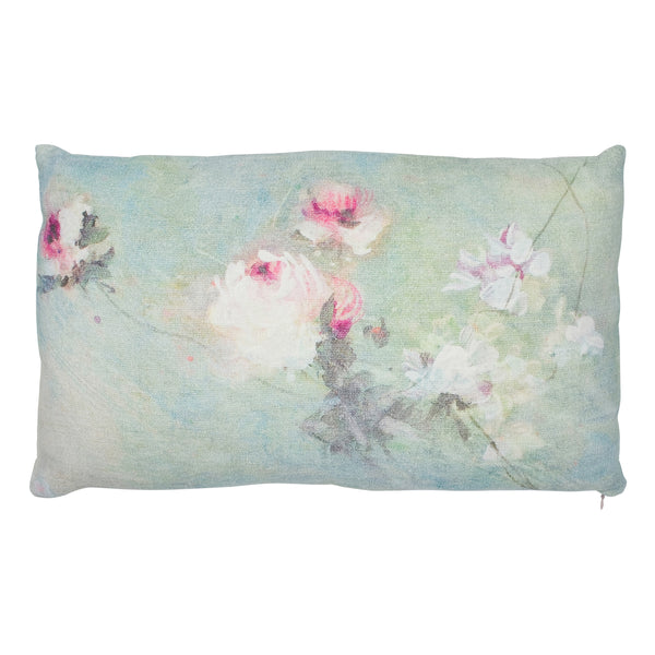 Small Turquoise cushion with linen flower print size 30 x 50 cm